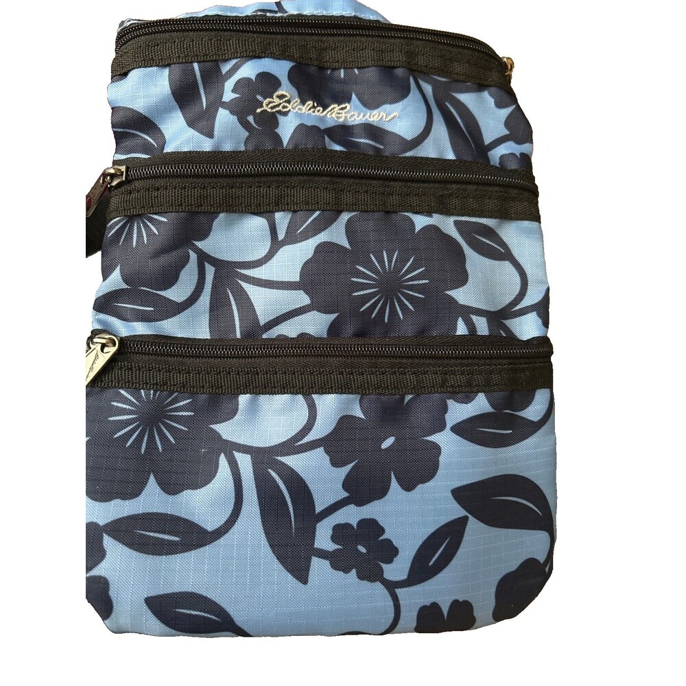 Eddie Bauer Connect 3-Zip Travel Crossbody Bag Blue Floral Design